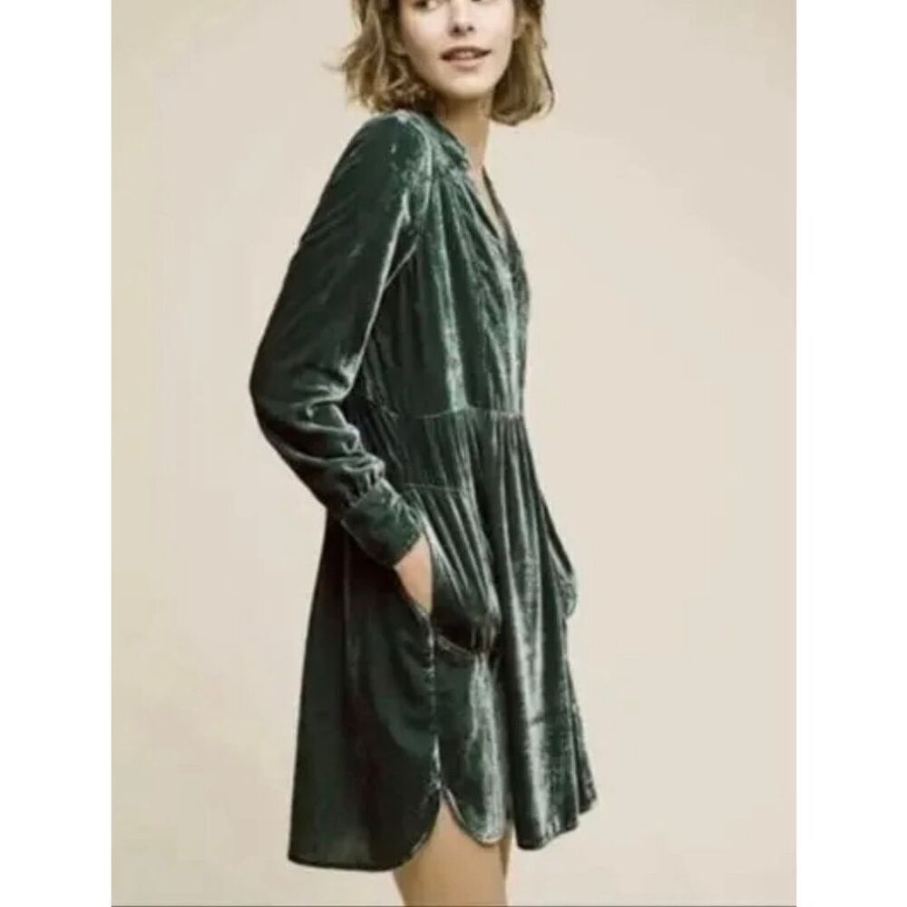 NWOT Anthropologie Holding Horses Nantes Green Crushed Velvet Shirt Dress Small